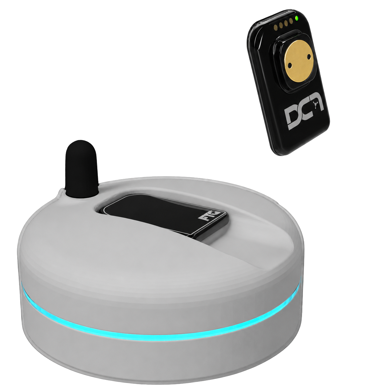 DC-Air Bluetooth wireless direct-conversion intraoral dental X-ray sensor floating above its charging dock