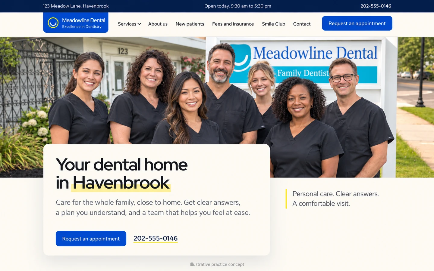 Anonymized website rebuild example with fictional Meadowline Dental branding, Havenbrook location, and seven generated team members