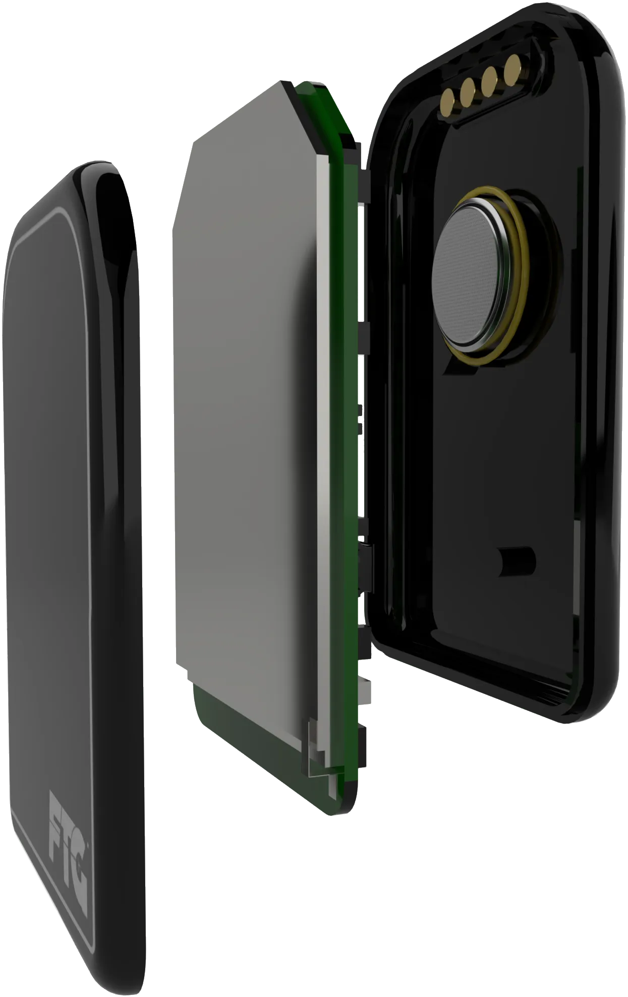 Exploded view of the DC-Air™ sensor's internals: sealed housing, battery, electronics, and the single-crystal direct-conversion silicon detector