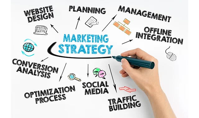 Illustrated marketing strategy wheel diagram surrounded by icons for website design, planning, management, social media, and other practice-growth tactics