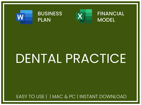 Dark green promotional graphic for a downloadable dental practice business plan and financial model template, shown with Word and Excel icons