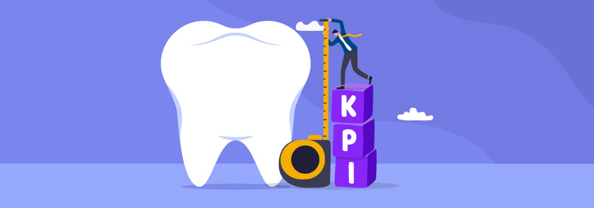 Illustration of a large tooth beside a tape measure and stacked blocks spelling KPI, with a tiny figure climbing to the top