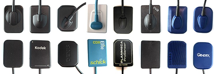An array of various dental sensors showcasing their diverse shapes and sizes, highlighting differences in design and brand specificity.