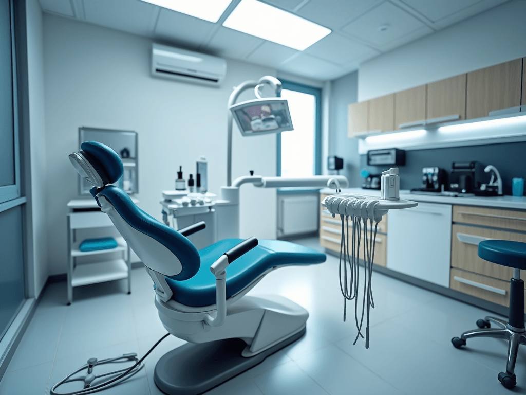 Illustration of a modern dental treatment room with an exam chair, overhead light, and equipment cabinetry.