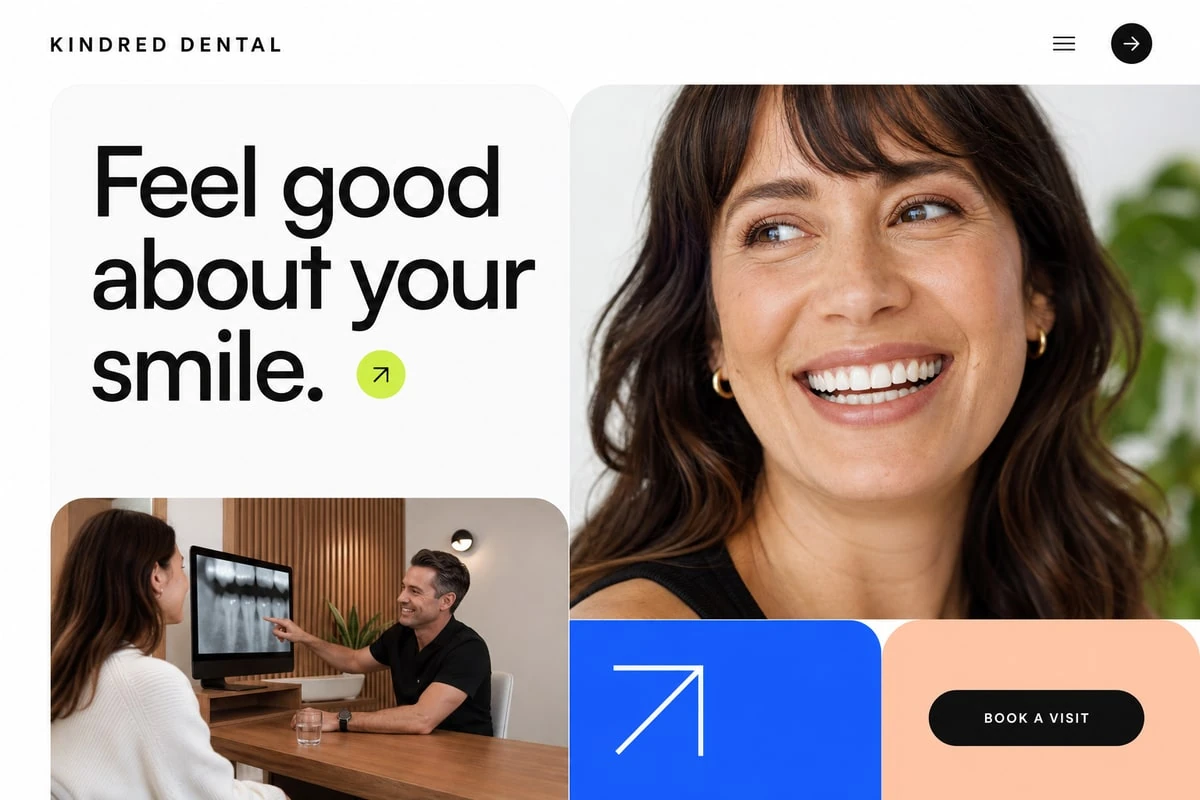 Original Kindred Dental homepage concept with an editorial layout, patient portrait, consultation scene, and booking call to action