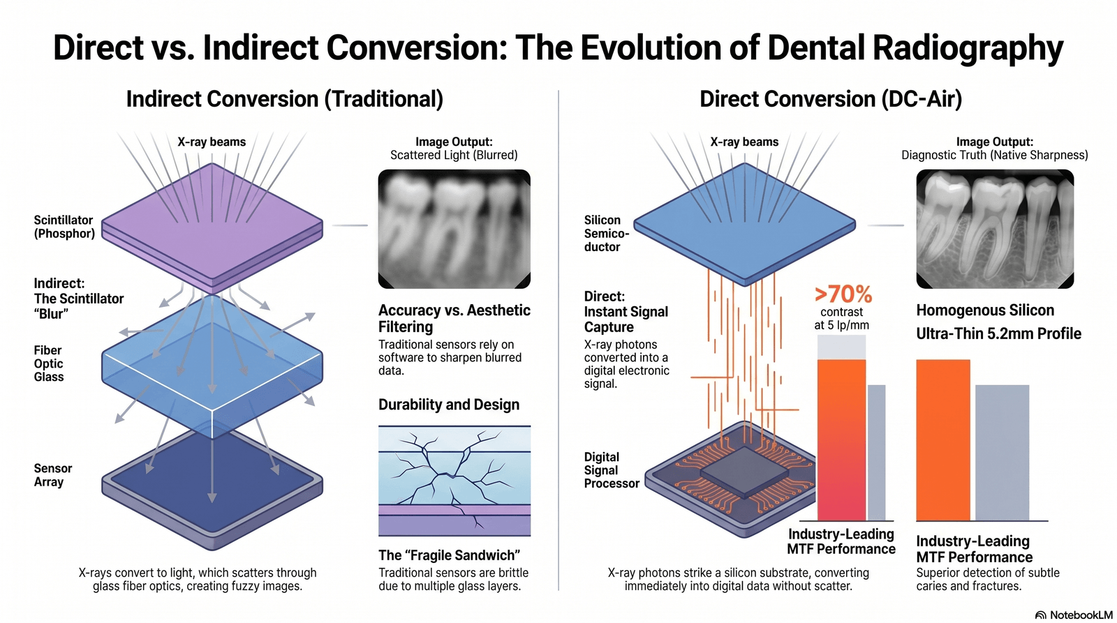 Design Comparison -DC-Air™ direct conversion dental X-ray sensor vs indirect dental x-ray sensor.