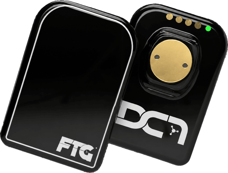 Two DC-Air sensors, one face up and one face down, showing the sealed front and the gold circular charging contact and status light on the back where a cable connector would be.