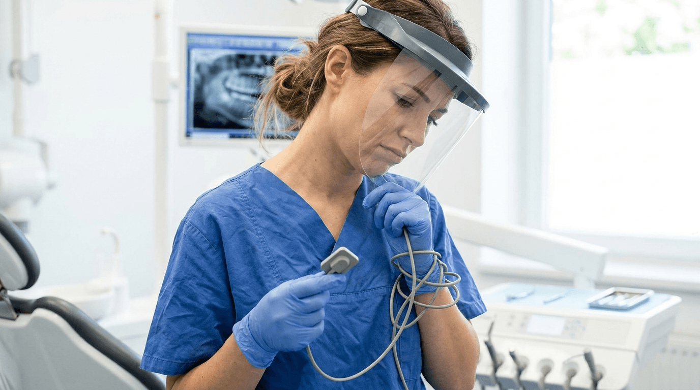 A frustrated dental assistant in a treatment room holding a wired intraoral sensor and its tangled cable, looking down at the device.