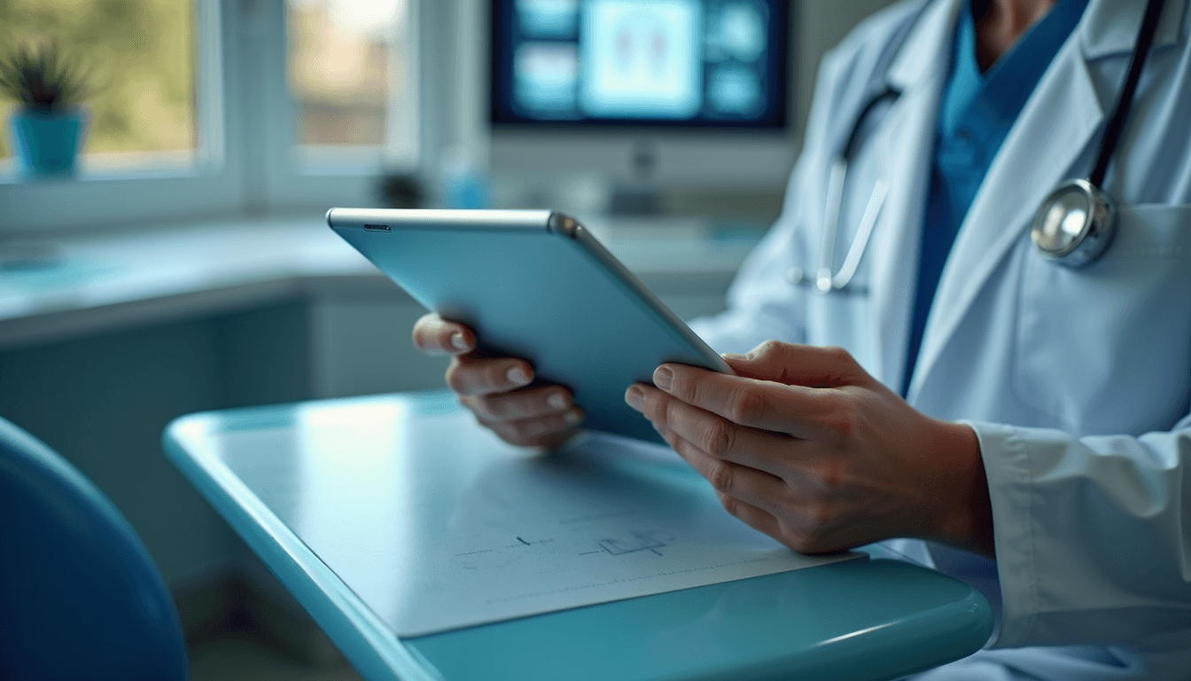 High angle view of a dental professional using a tablet with dental software