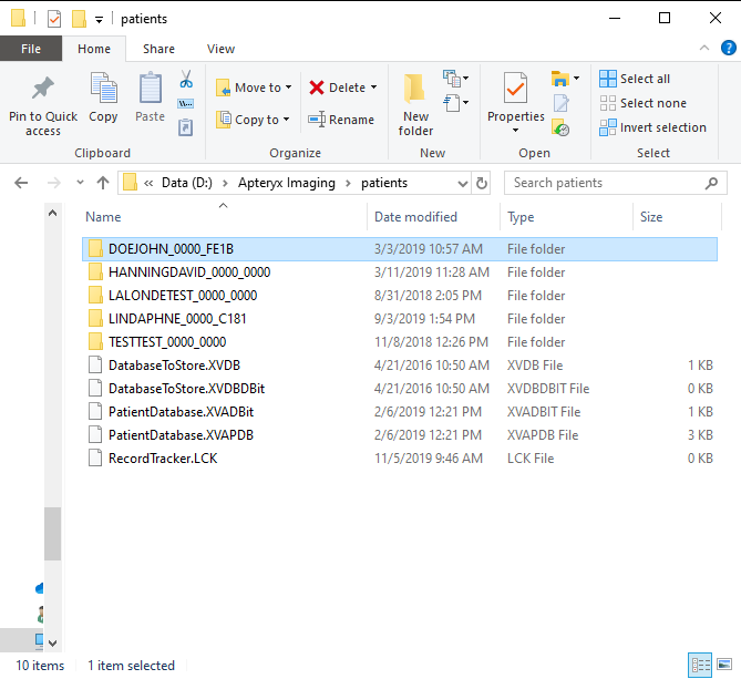 Windows File Explorer list of patient folders inside the patients directory, with the example "John Doe" patient folder highlighted