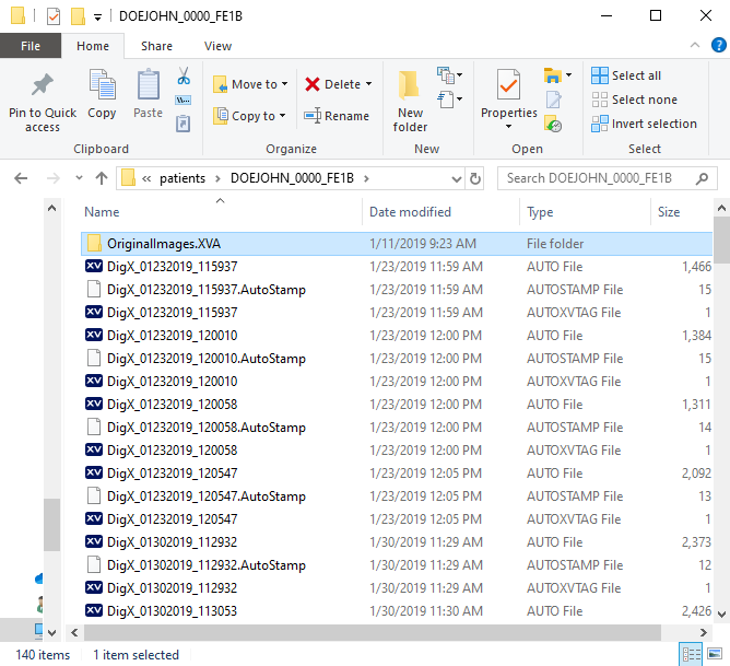 Inside a patient's folder in File Explorer with the "OriginalImages.XVA" folder highlighted above a long list of acquired image files