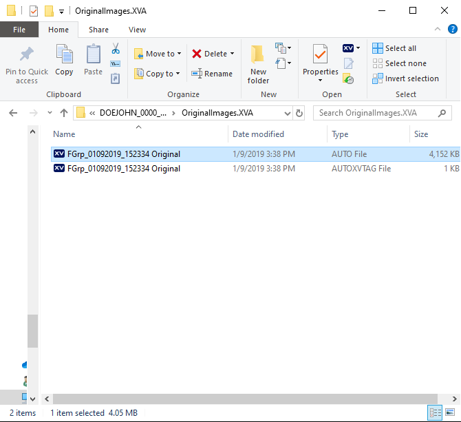 Contents of the OriginalImages.XVA folder in File Explorer showing two original image files selected for copying