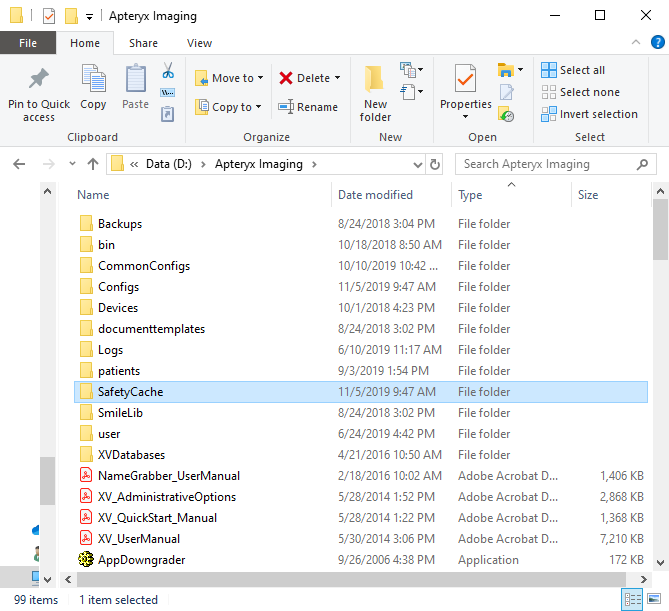 Windows File Explorer view of the Apteryx Imaging program folder with the "SafetyCache" folder highlighted