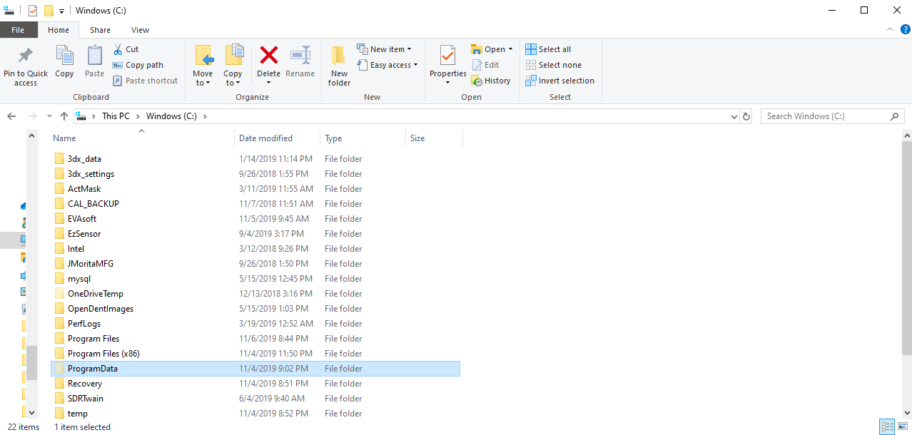 Windows File Explorer view of the C: drive root with the "ProgramData" folder highlighted