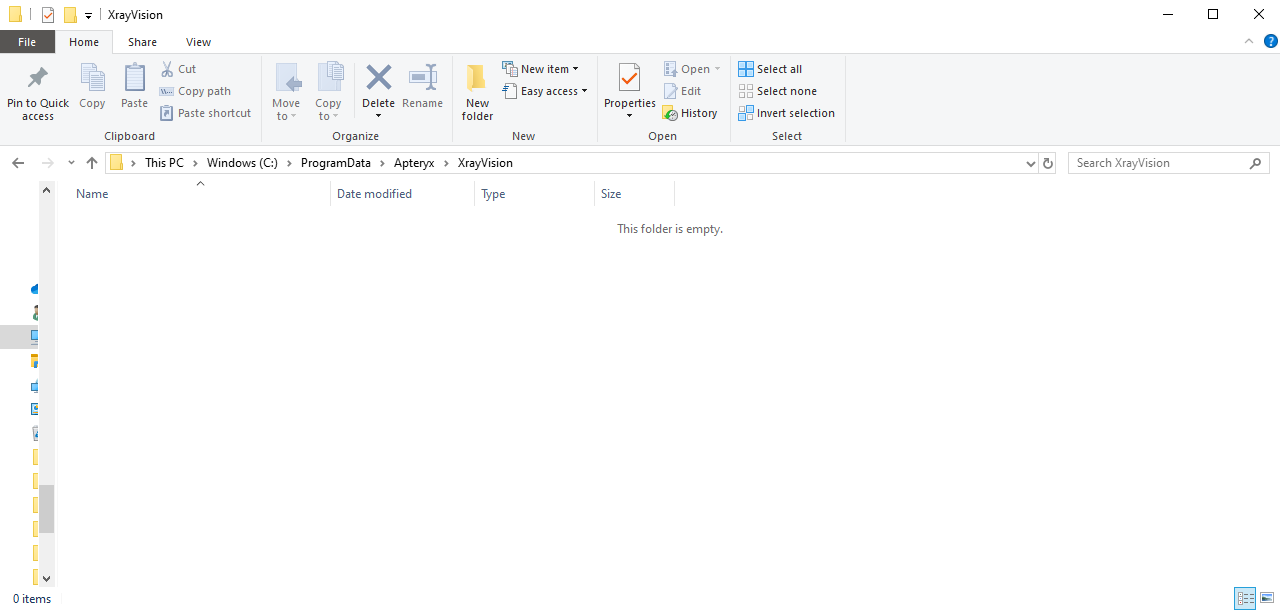 File Explorer showing the ProgramData\Apteryx\XrayVision folder, empty with no Work In Progress subfolder present