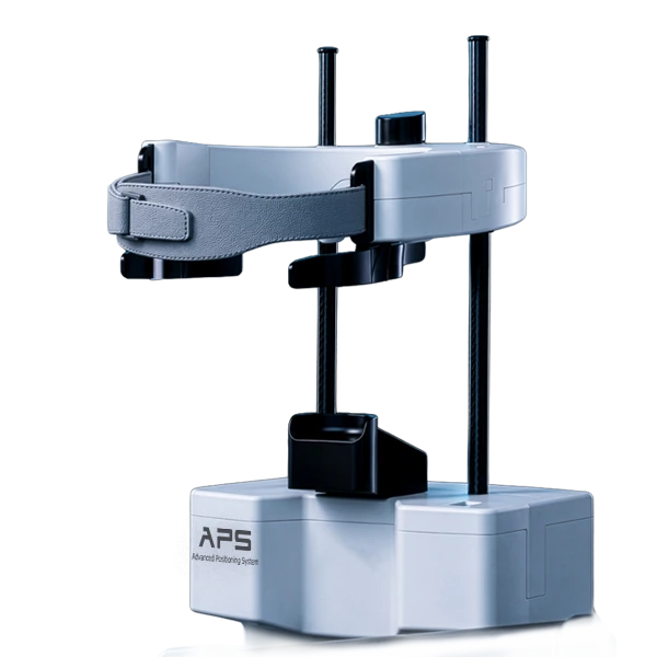 Elite APS head support, showing the adjustable arms, strap and chinrest
