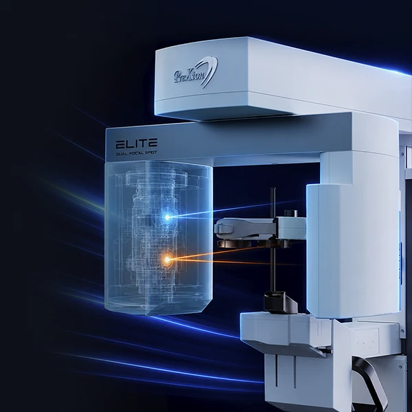 PreXion Elite dual focal spot technology, with conceptual rays